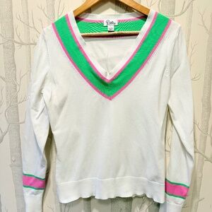 Lilly Pulitzer White V Neck Pullover Tennis Golf Sweater- Large